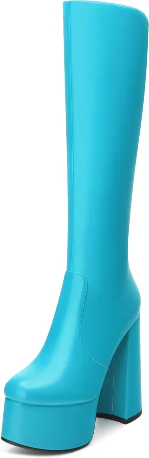 MOVINSTEPS Platform Knee High Boots for Women Chunky Heel Zipper Round Toe Long Boots Elegant Classic Fashion Tall Boots 6 Inch