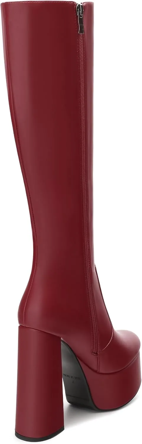 MOVINSTEPS Platform Knee High Boots for Women Chunky Heel Zipper Round Toe Long Boots Elegant Classic Fashion Tall Boots 6 Inch