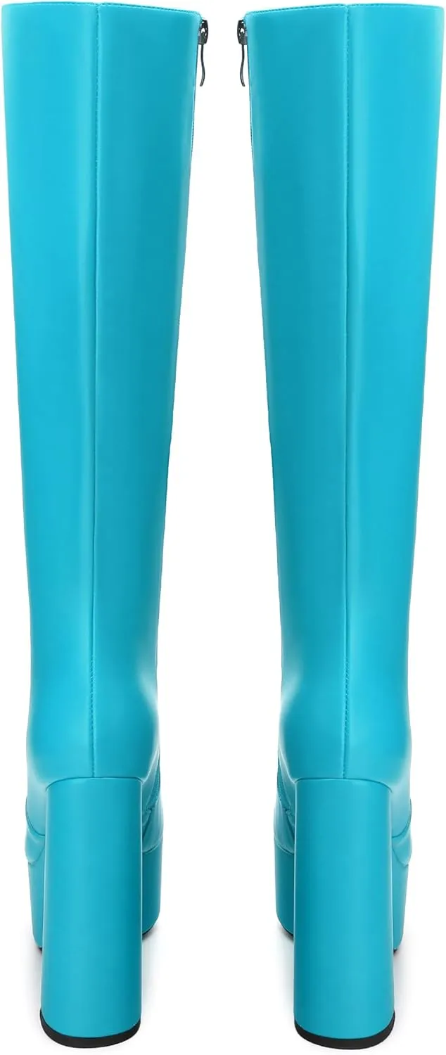 MOVINSTEPS Platform Knee High Boots for Women Chunky Heel Zipper Round Toe Long Boots Elegant Classic Fashion Tall Boots 6 Inch