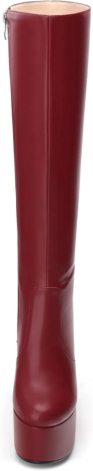 MOVINSTEPS Platform Knee High Boots for Women Chunky Heel Zipper Round Toe Long Boots Elegant Classic Fashion Tall Boots 6 Inch