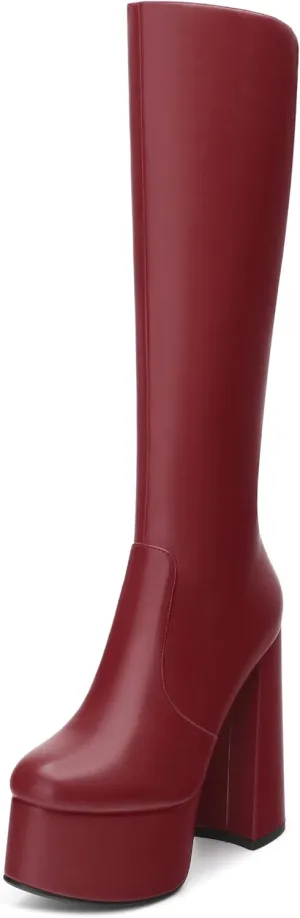 MOVINSTEPS Platform Knee High Boots for Women Chunky Heel Zipper Round Toe Long Boots Elegant Classic Fashion Tall Boots 6 Inch