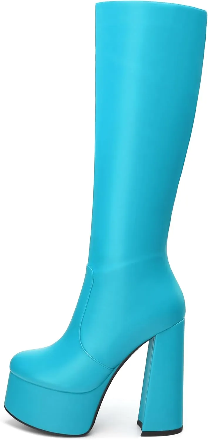 MOVINSTEPS Platform Knee High Boots for Women Chunky Heel Zipper Round Toe Long Boots Elegant Classic Fashion Tall Boots 6 Inch