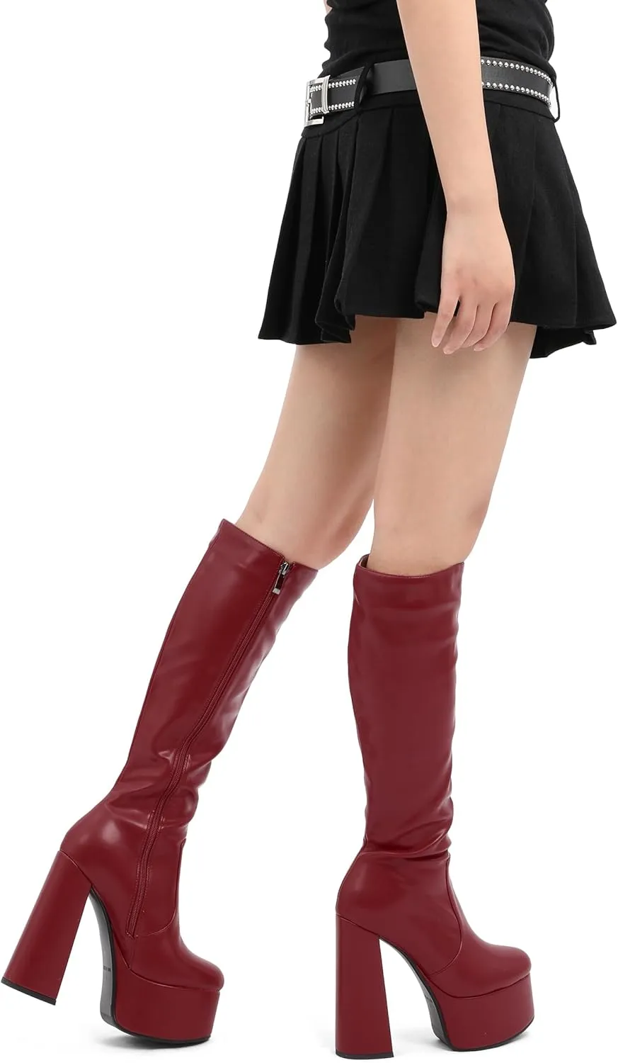 MOVINSTEPS Platform Knee High Boots for Women Chunky Heel Zipper Round Toe Long Boots Elegant Classic Fashion Tall Boots 6 Inch