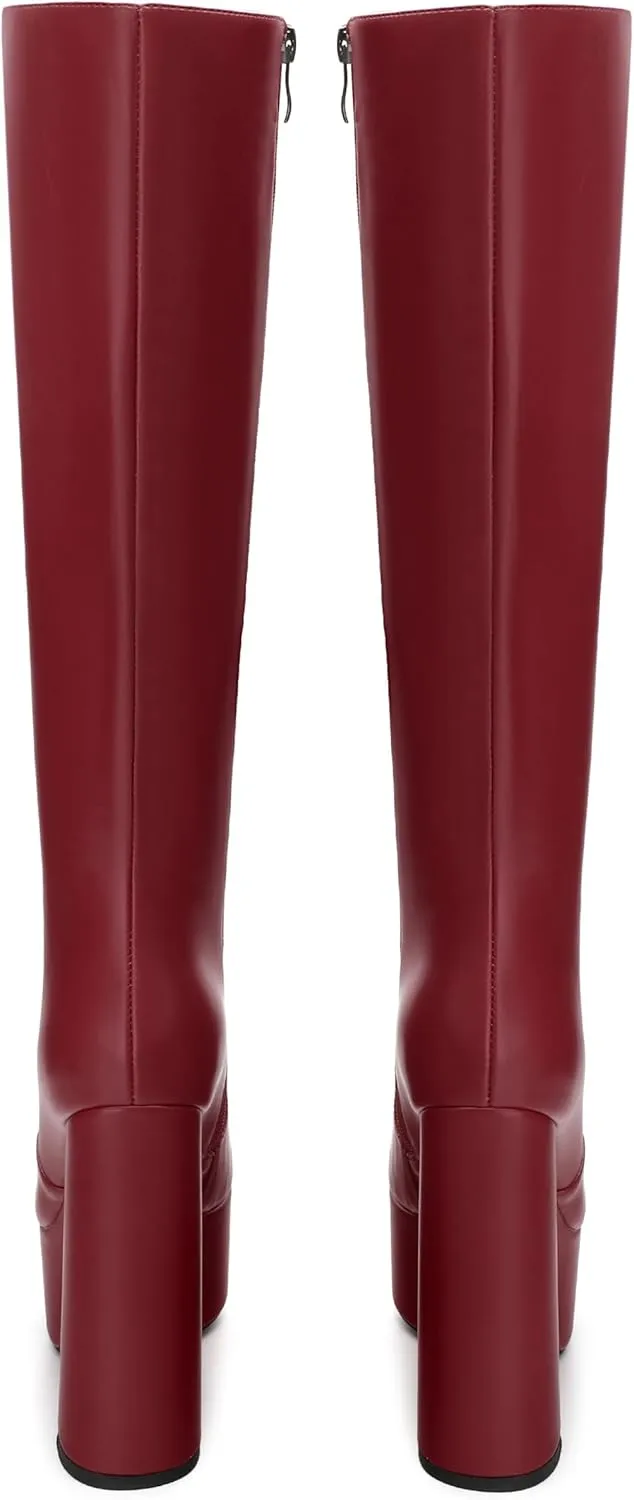 MOVINSTEPS Platform Knee High Boots for Women Chunky Heel Zipper Round Toe Long Boots Elegant Classic Fashion Tall Boots 6 Inch