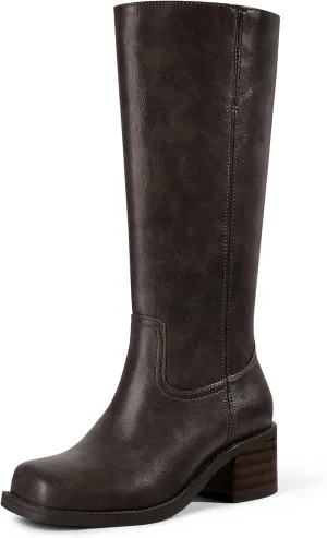 MUCCCUTE Campus Knee High Boots for Women Wide Calf Square Toe Chunky Block Low Heel Tall Long Boots Pull On
