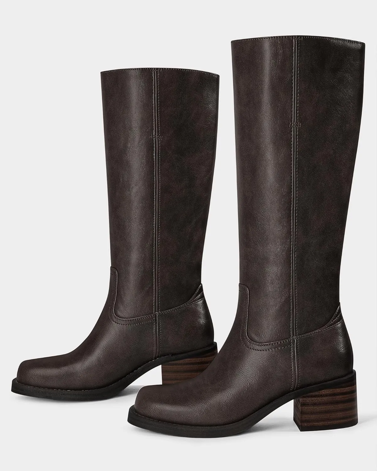 MUCCCUTE Campus Knee High Boots for Women Wide Calf Square Toe Chunky Block Low Heel Tall Long Boots Pull On