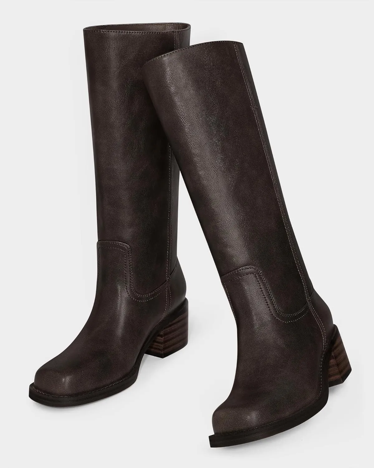 MUCCCUTE Campus Knee High Boots for Women Wide Calf Square Toe Chunky Block Low Heel Tall Long Boots Pull On