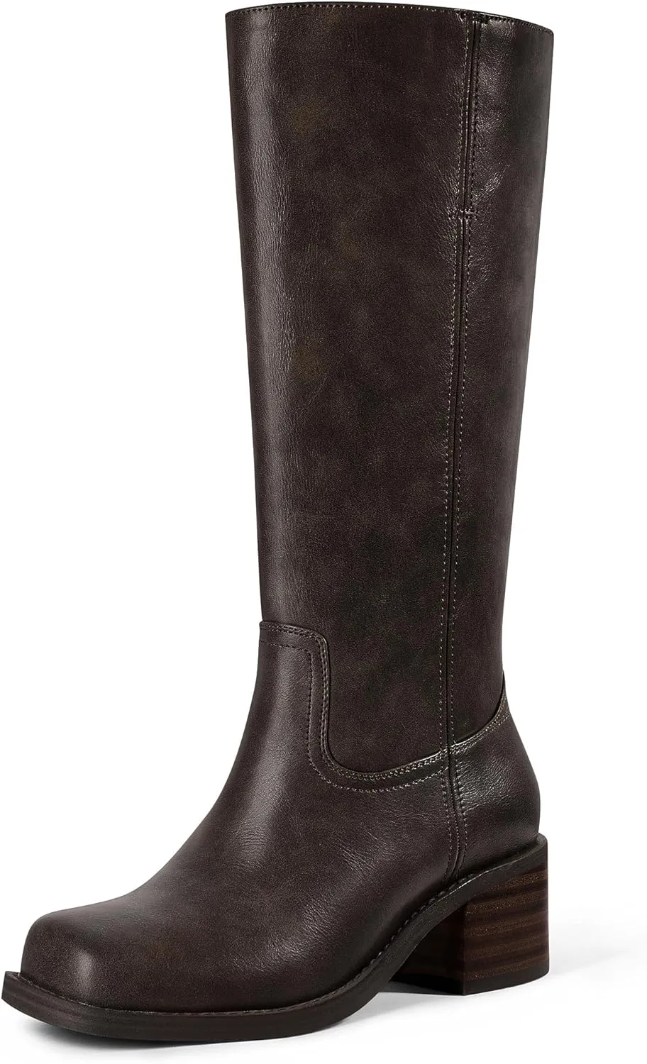 MUCCCUTE Campus Knee High Boots for Women Wide Calf Square Toe Chunky Block Low Heel Tall Long Boots Pull On