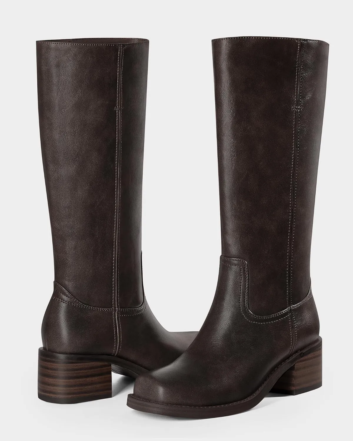MUCCCUTE Campus Knee High Boots for Women Wide Calf Square Toe Chunky Block Low Heel Tall Long Boots Pull On