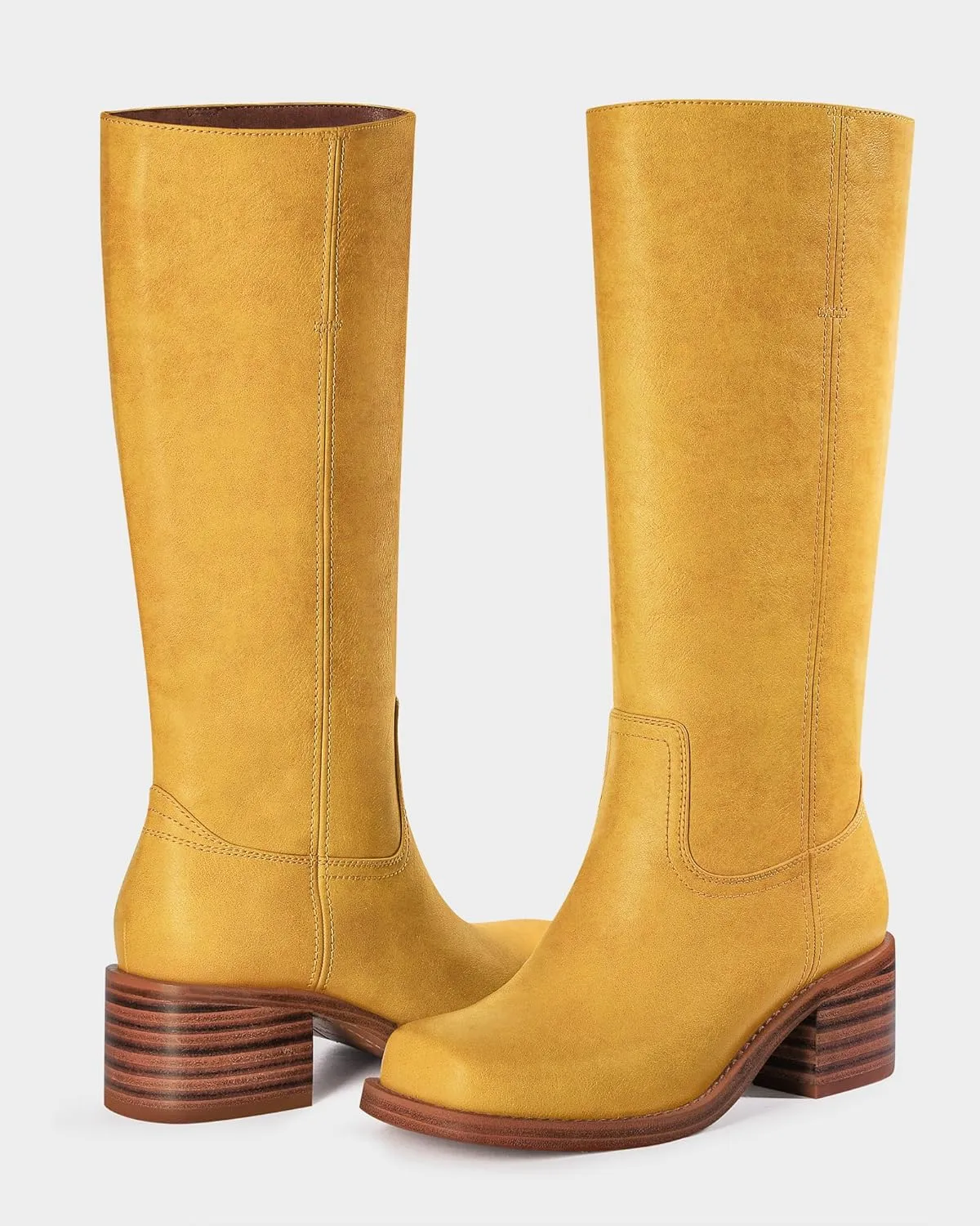 MUCCCUTE Campus Knee High Boots for Women Wide Calf Square Toe Chunky Block Low Heel Tall Long Boots Pull On