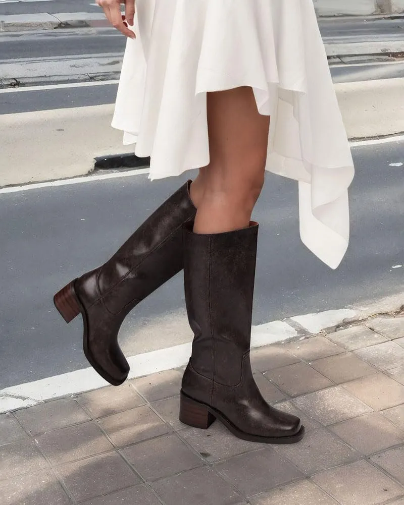 MUCCCUTE Campus Knee High Boots for Women Wide Calf Square Toe Chunky Block Low Heel Tall Long Boots Pull On