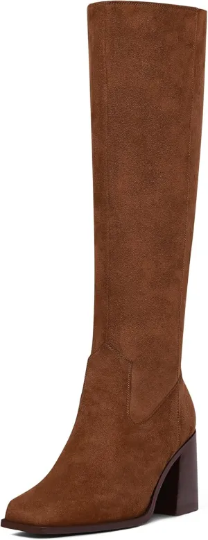 MUCCCUTE Knee High Boots for Women - Square Toe Chunky Block Heel Boots with Side Zipper Pull On Tall Boot