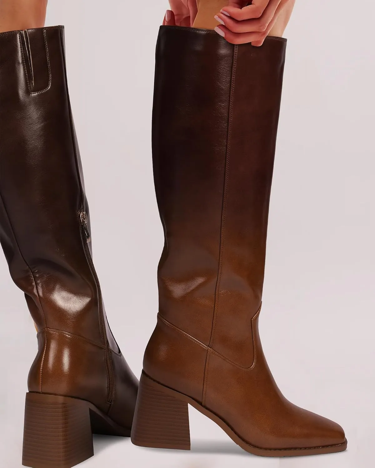 MUCCCUTE Knee High Boots for Women - Square Toe Chunky Block Heel Boots with Side Zipper Pull On Tall Boot