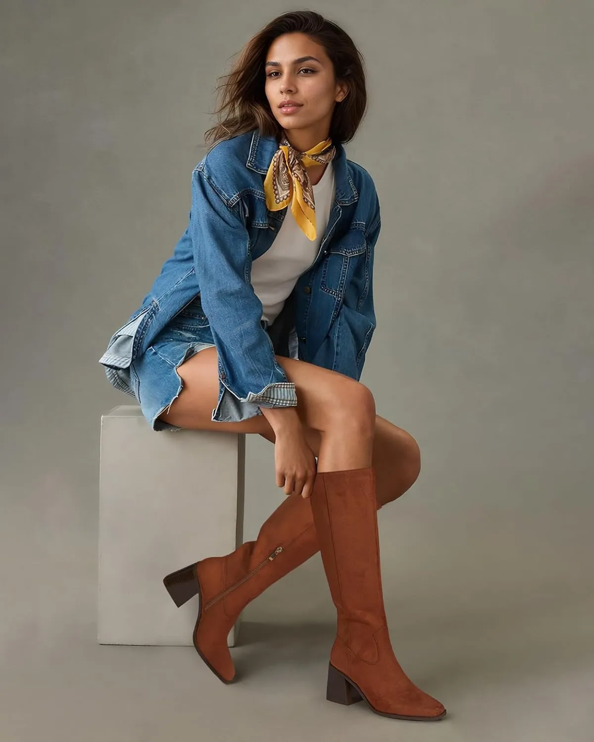 MUCCCUTE Knee High Boots for Women - Square Toe Chunky Block Heel Boots with Side Zipper Pull On Tall Boot