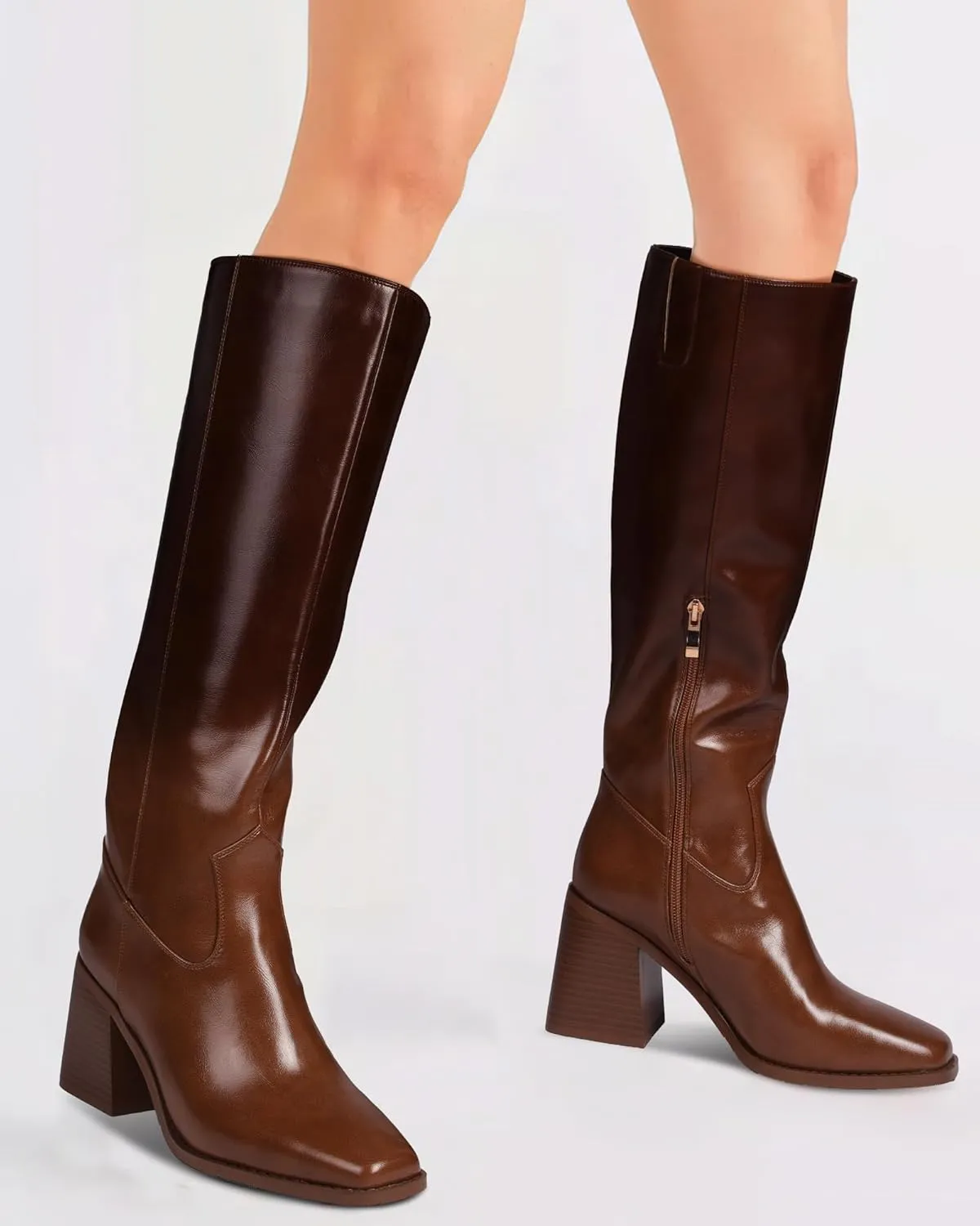 MUCCCUTE Knee High Boots for Women - Square Toe Chunky Block Heel Boots with Side Zipper Pull On Tall Boot
