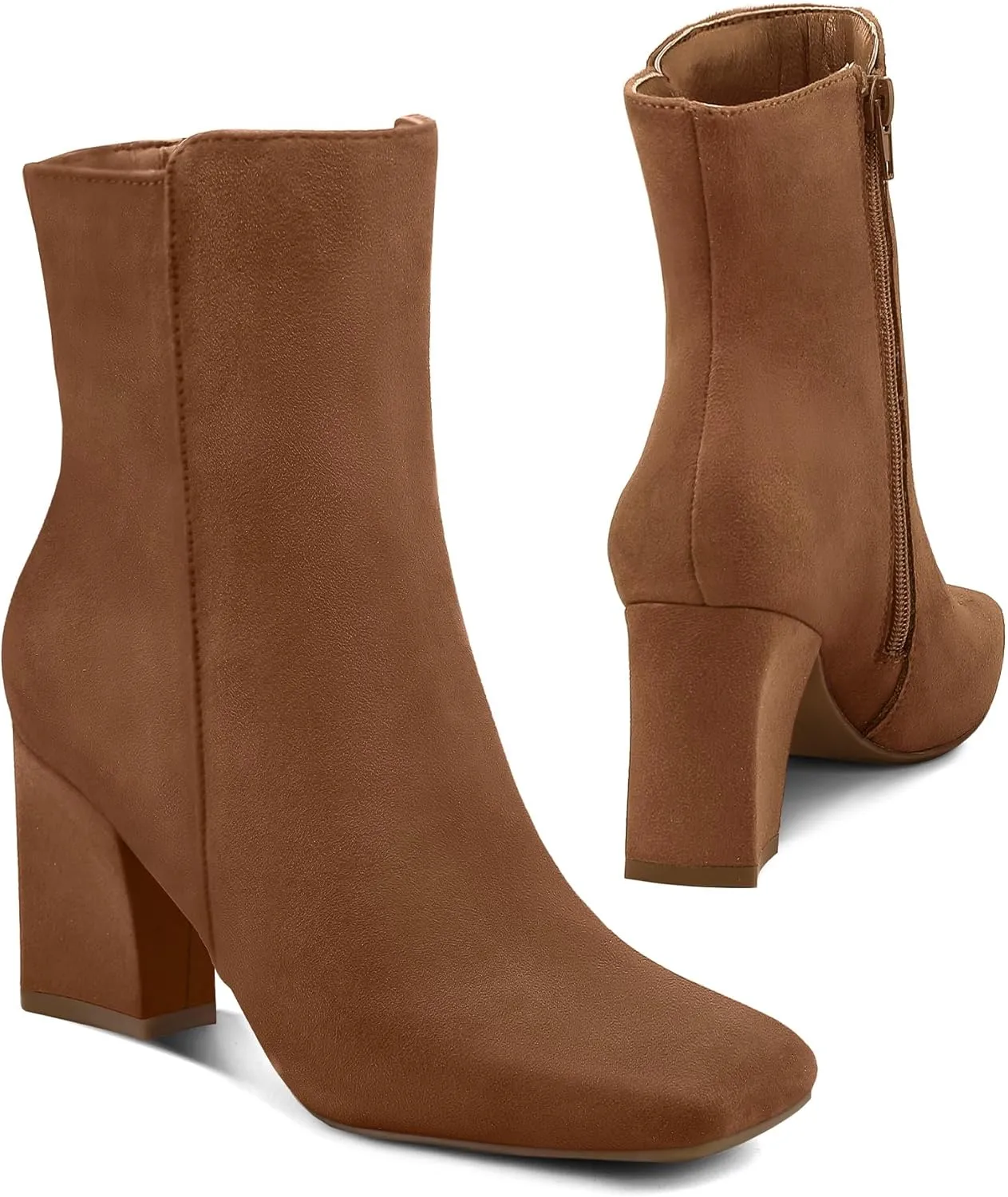 mysoft Women's Ankle Boots Square Toe Side Zipper GoGo Boots Chunky Block Heel Mid Calf Low Heeled Short Booties