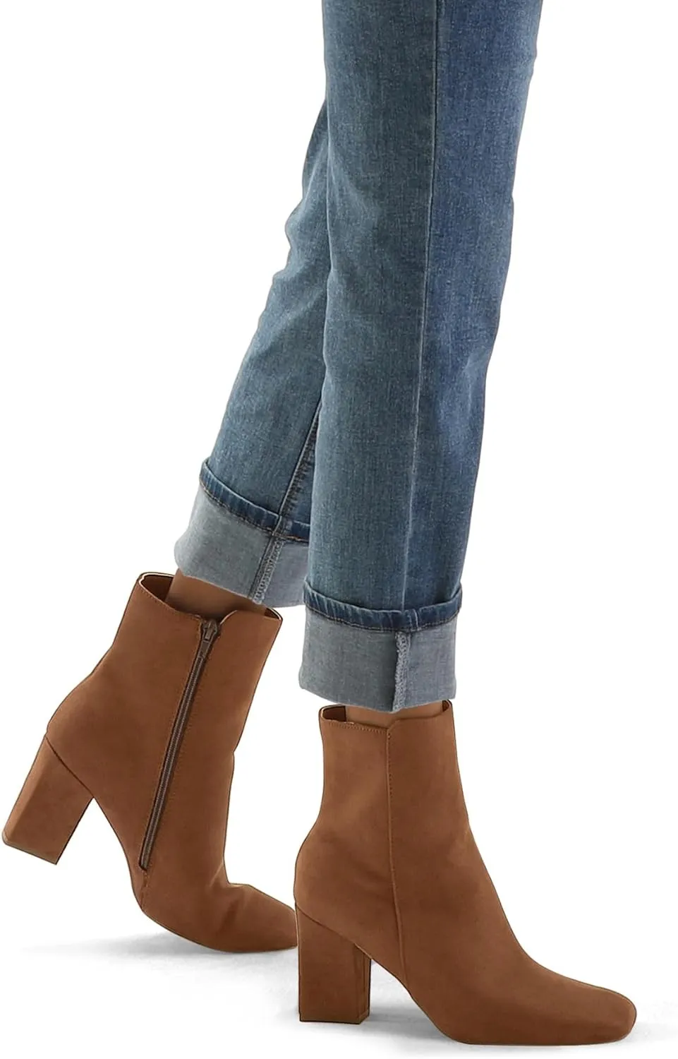 mysoft Women's Ankle Boots Square Toe Side Zipper GoGo Boots Chunky Block Heel Mid Calf Low Heeled Short Booties
