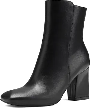 mysoft Women's Ankle Boots Square Toe Side Zipper GoGo Boots Chunky Block Heel Mid Calf Low Heeled Short Booties