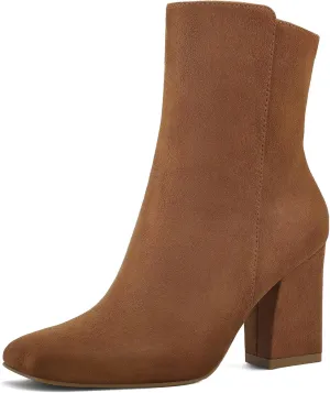mysoft Women's Ankle Boots Square Toe Side Zipper GoGo Boots Chunky Block Heel Mid Calf Low Heeled Short Booties