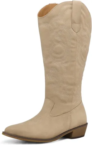mysoft Women's Wide Calf Cowboy Boots Pull on Cowgirl Embroidered Mid Calf Pointed Toe Chunky Heel Western Boots