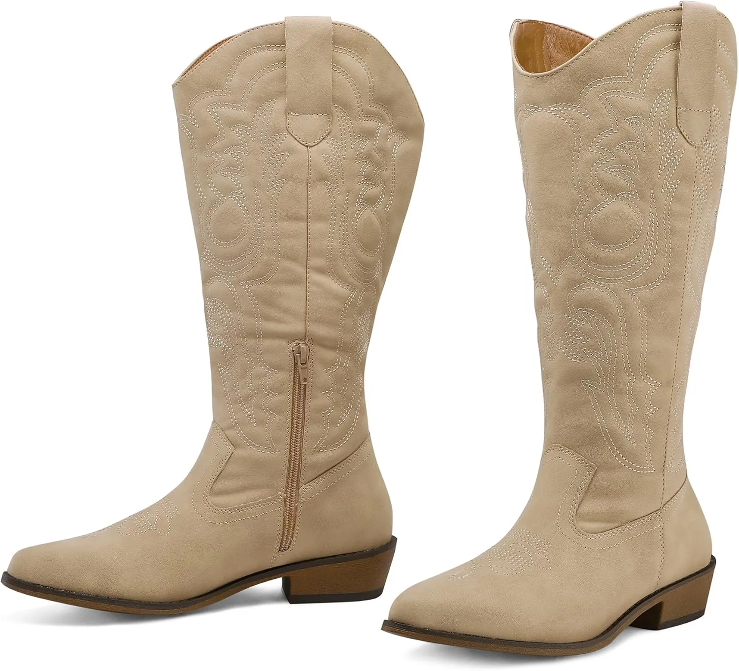 mysoft Women's Wide Calf Cowboy Boots Pull on Cowgirl Embroidered Mid Calf Pointed Toe Chunky Heel Western Boots