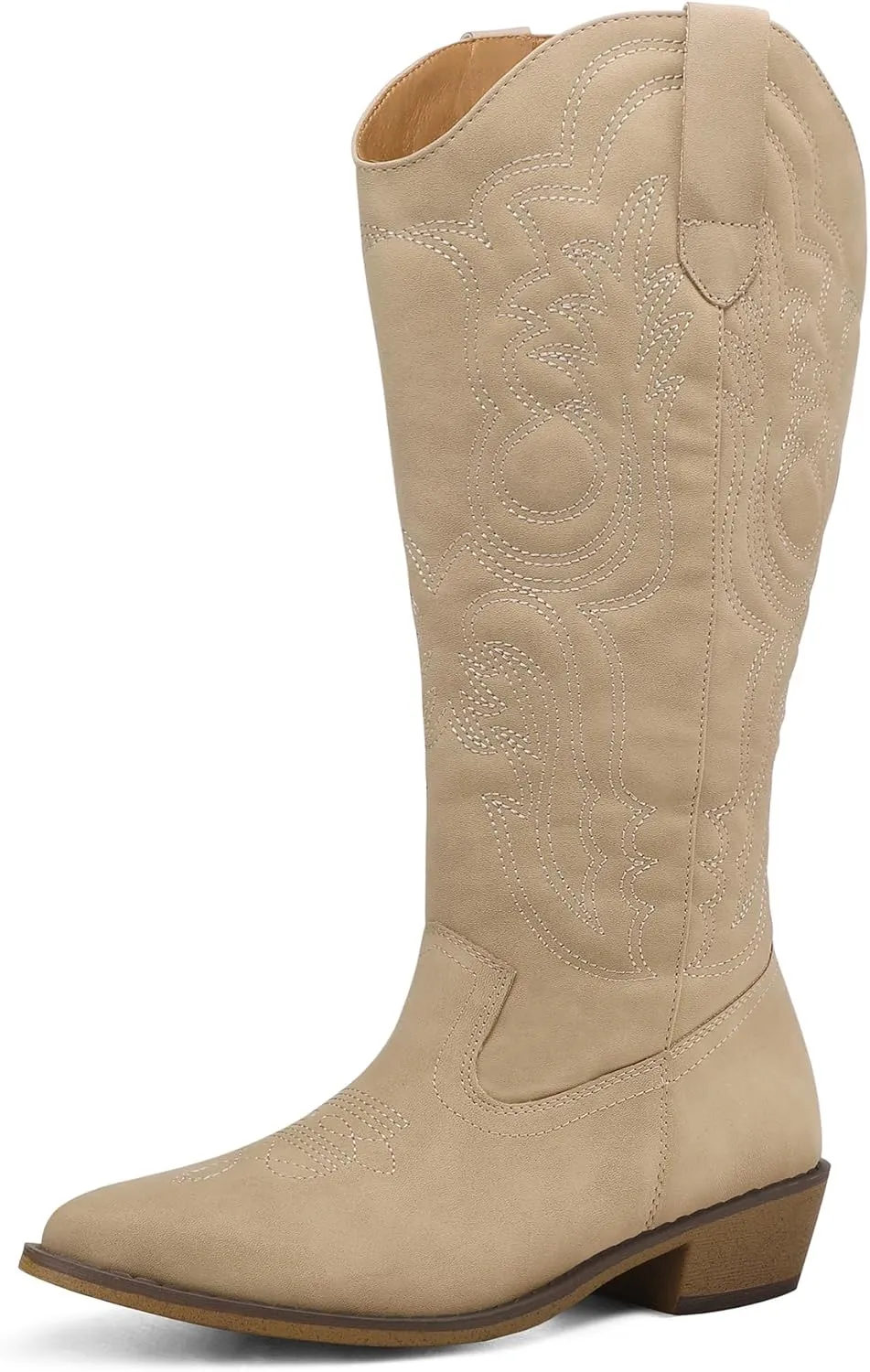 mysoft Women's Wide Calf Cowboy Boots Pull on Cowgirl Embroidered Mid Calf Pointed Toe Chunky Heel Western Boots