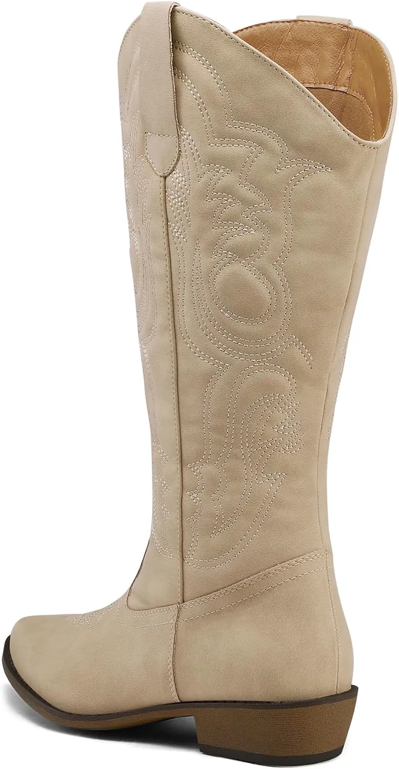 mysoft Women's Wide Calf Cowboy Boots Pull on Cowgirl Embroidered Mid Calf Pointed Toe Chunky Heel Western Boots