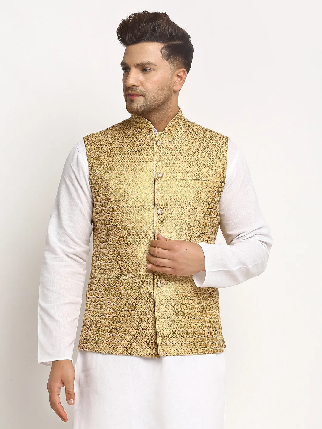 New Designer Men Dark Golden Brocade Nehru Jacket With Golden Work By Luxury at Less