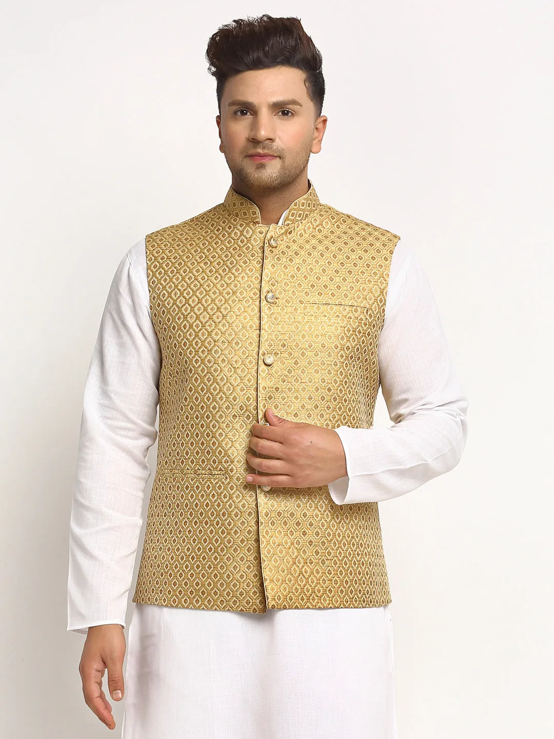 New Designer Men Golden Brocade Nehru Jacket With Golden Work By Luxury at Less