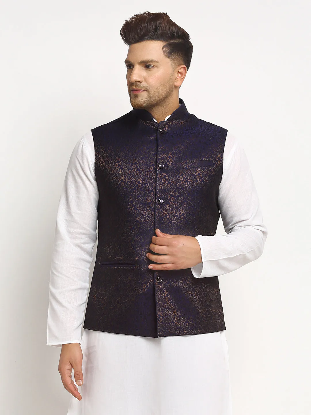 New Designer Men Navy Blue Brocade Nehru Jacket With Golden Work By Luxury at Less