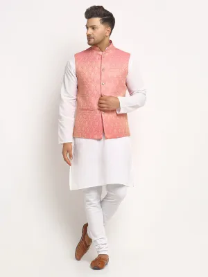 New Designer Men Pink Brocade Nehru Jacket With Golden Work By Luxury at Less