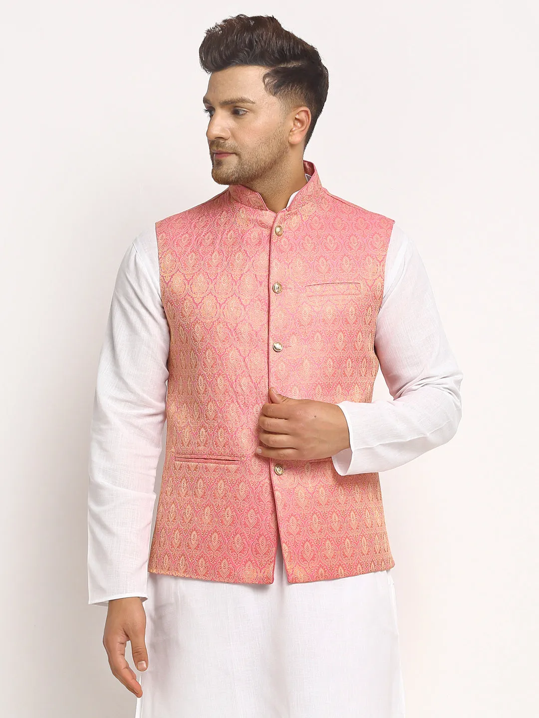 New Designer Men Pink Brocade Nehru Jacket With Golden Work By Luxury at Less