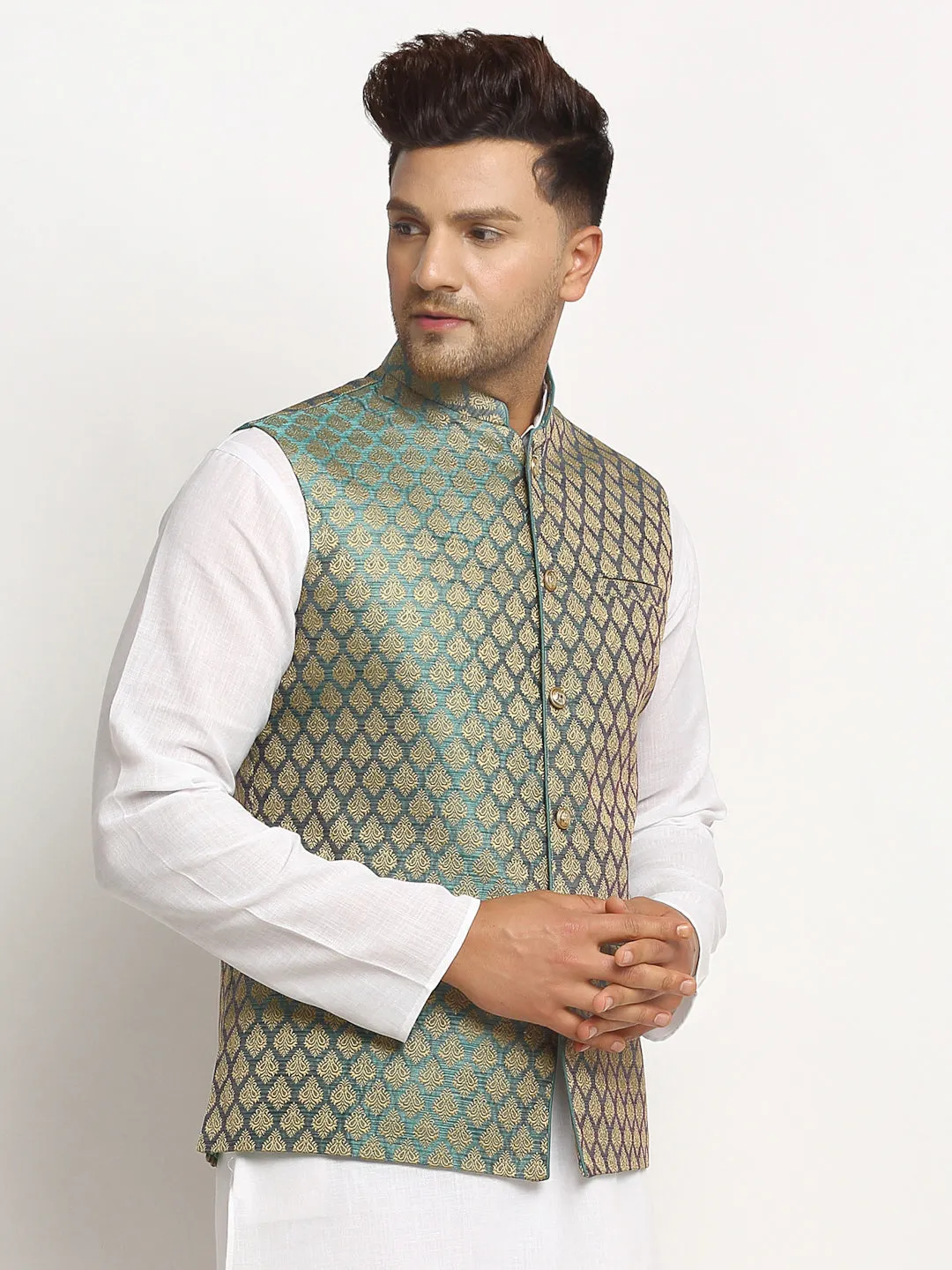 New Designer Men Sapphire Blue Brocade Nehru Jacket With Golden Work By Luxury at Less