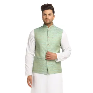 New Designer Men Turquoise Green Brocade Nehru Jacket With Golden Work By Luxury at Less