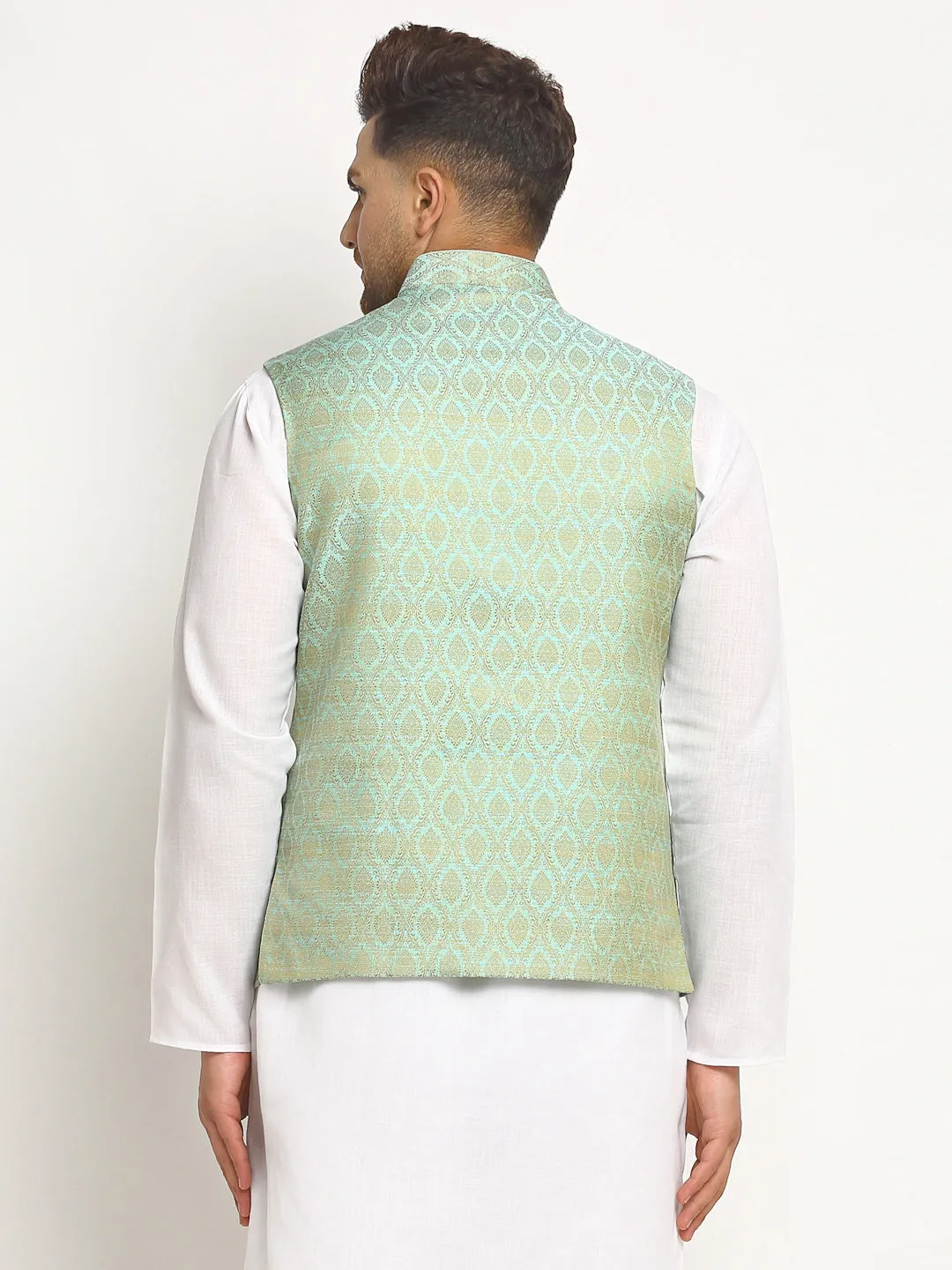 New Designer Men Turquoise Green Brocade Nehru Jacket With Golden Work By Luxury at Less