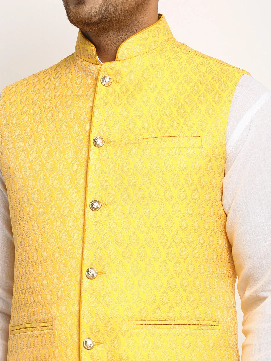 New Designer Men Yellow Brocade Nehru Jacket With Golden Work By Luxury at Less
