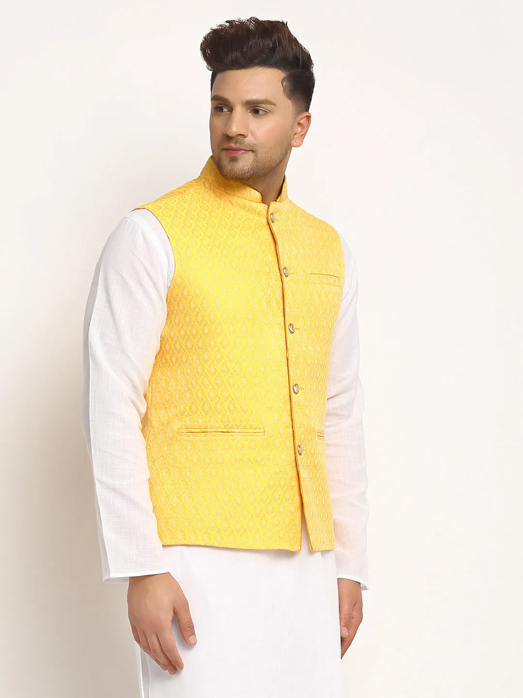 New Designer Men Yellow Brocade Nehru Jacket With Golden Work By Luxury at Less