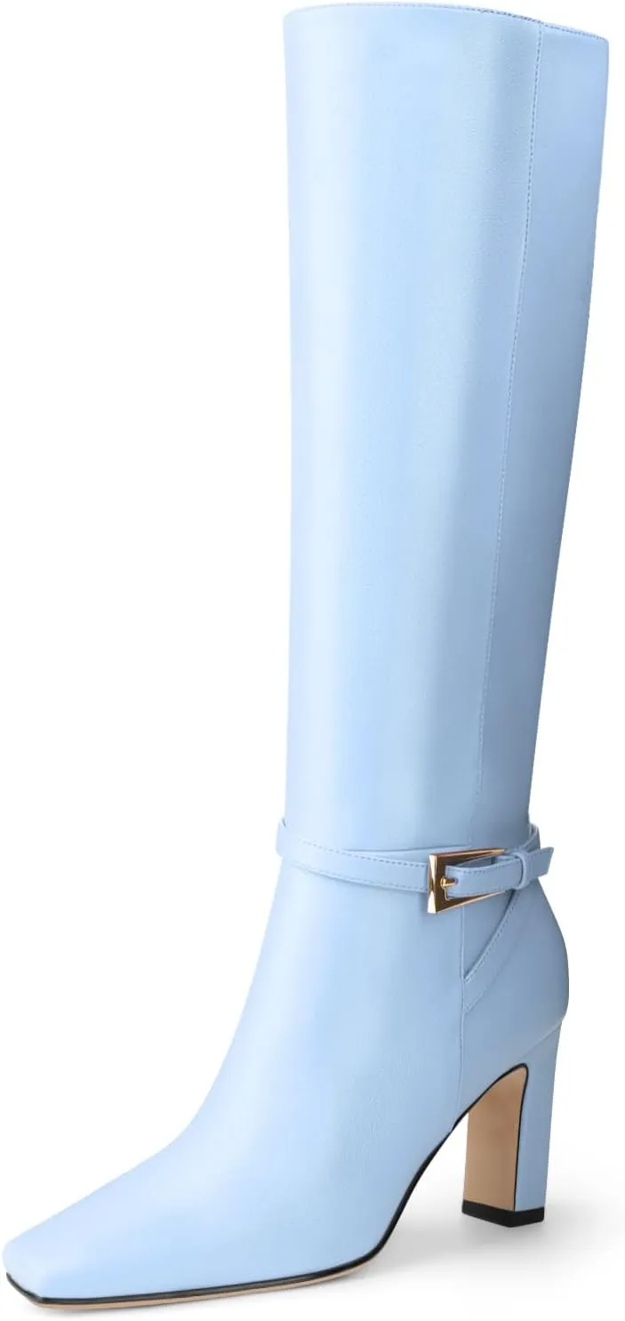 Oh Mispares Women's Knee High Boots Chunky Heel Square Toe Tall Boots Side Zipper Fashion Buckle Party Dress Long Boot for Girl