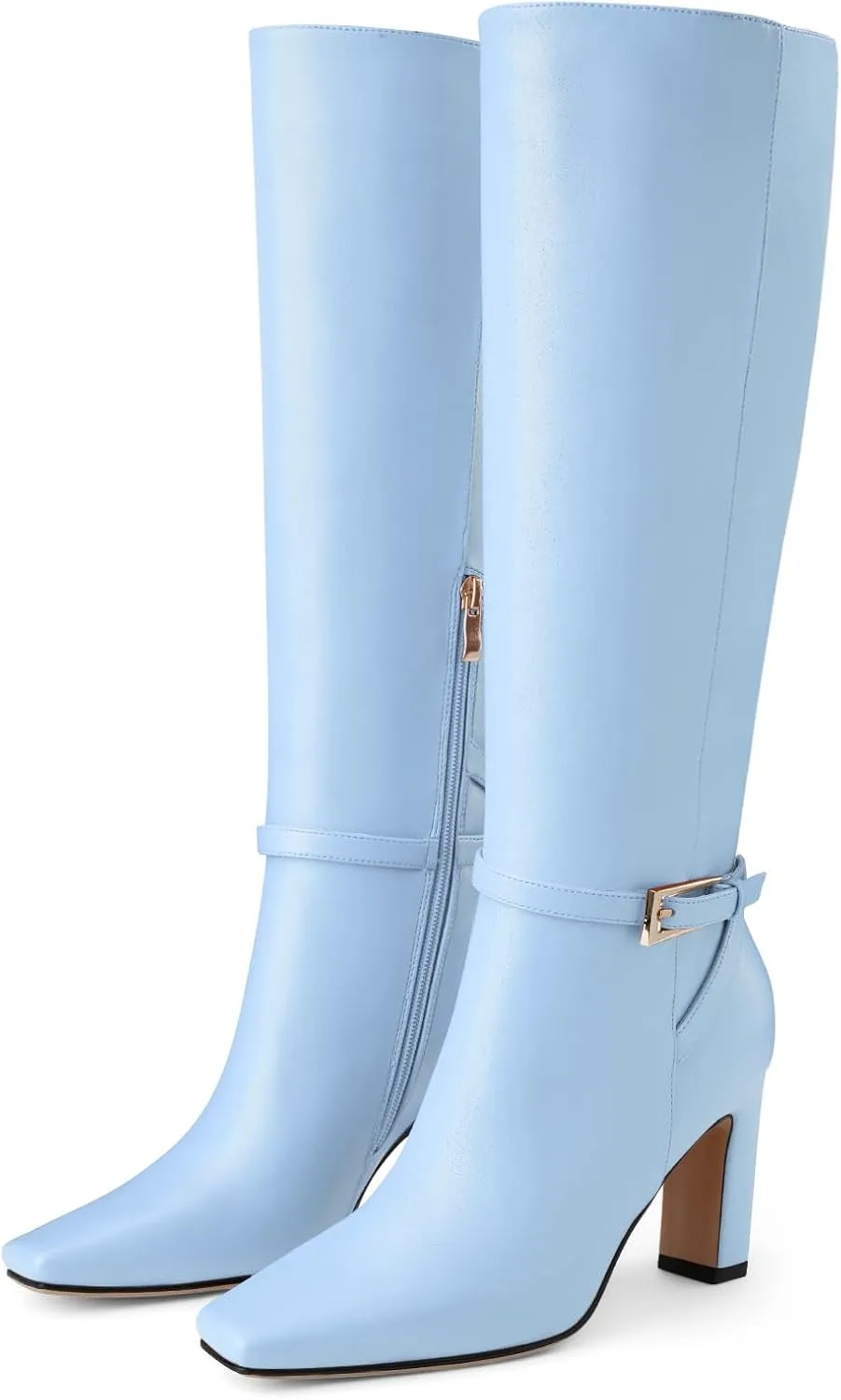 Oh Mispares Women's Knee High Boots Chunky Heel Square Toe Tall Boots Side Zipper Fashion Buckle Party Dress Long Boot for Girl
