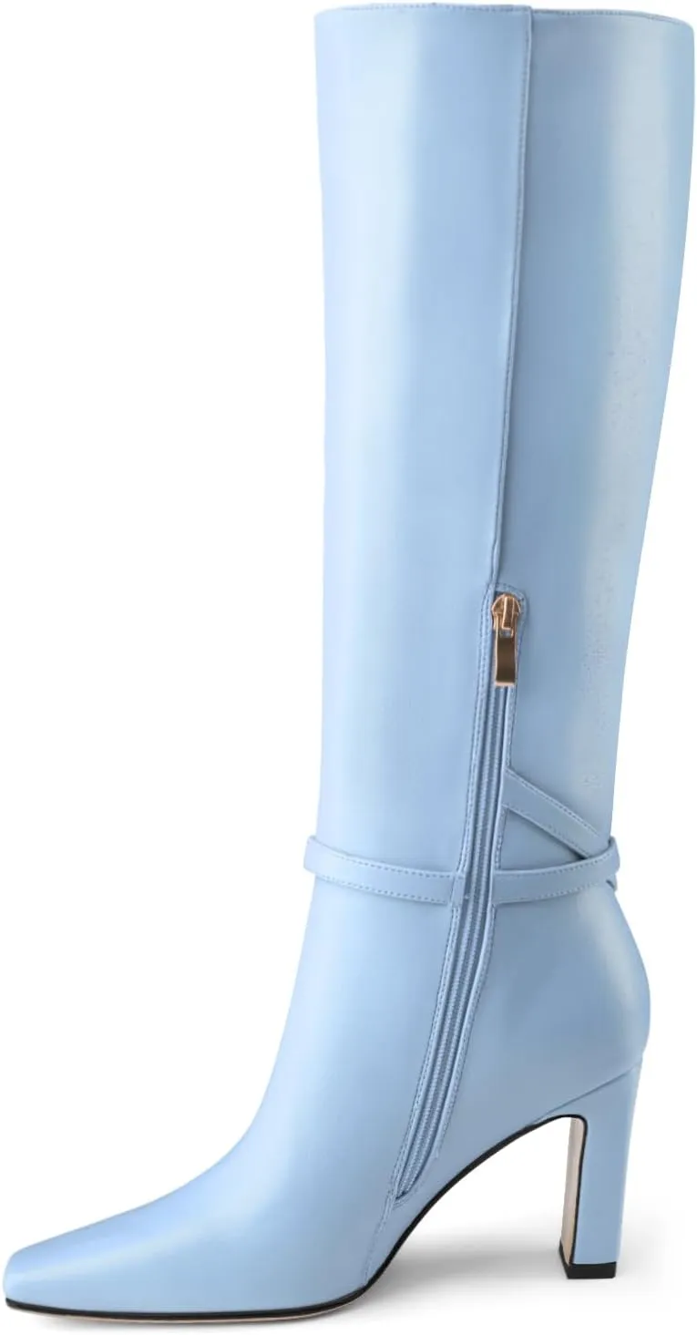 Oh Mispares Women's Knee High Boots Chunky Heel Square Toe Tall Boots Side Zipper Fashion Buckle Party Dress Long Boot for Girl