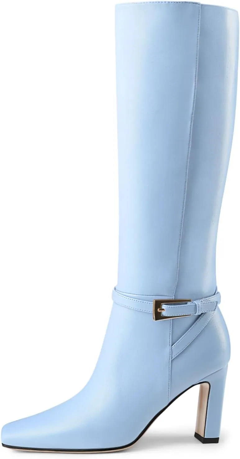 Oh Mispares Women's Knee High Boots Chunky Heel Square Toe Tall Boots Side Zipper Fashion Buckle Party Dress Long Boot for Girl