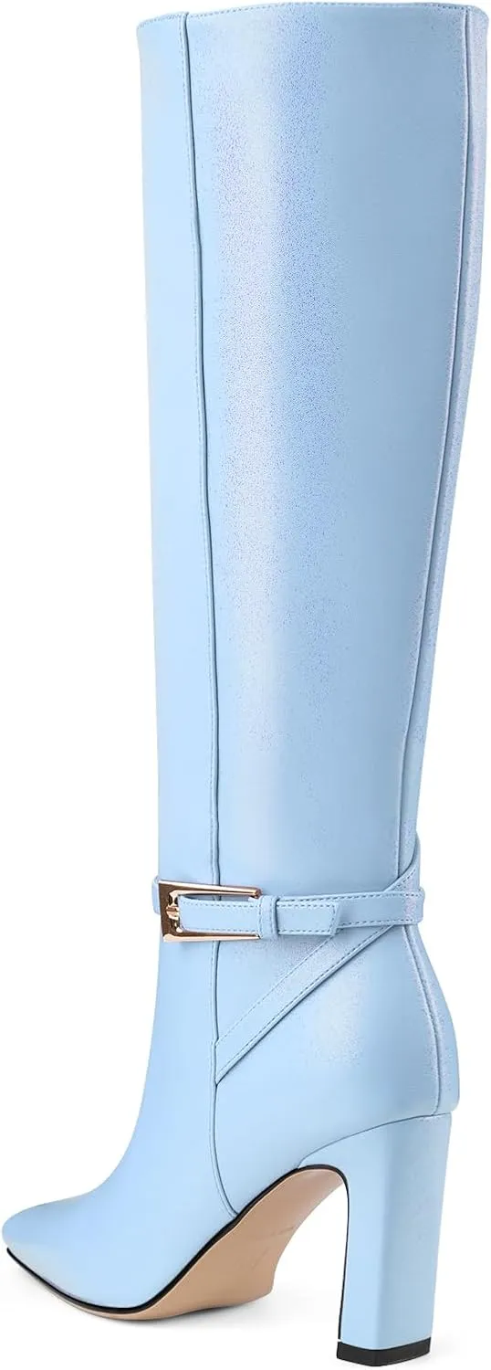 Oh Mispares Women's Knee High Boots Chunky Heel Square Toe Tall Boots Side Zipper Fashion Buckle Party Dress Long Boot for Girl