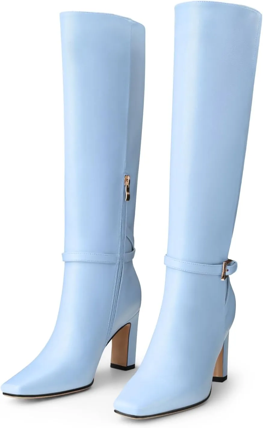 Oh Mispares Women's Knee High Boots Chunky Heel Square Toe Tall Boots Side Zipper Fashion Buckle Party Dress Long Boot for Girl
