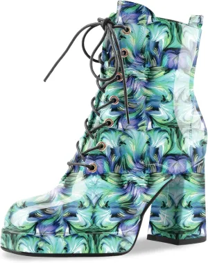 Oh Mispares Women's Platform Ankle Boots with High Chunky Heel Fashion Lace-up Square toe Patent Leather Booties