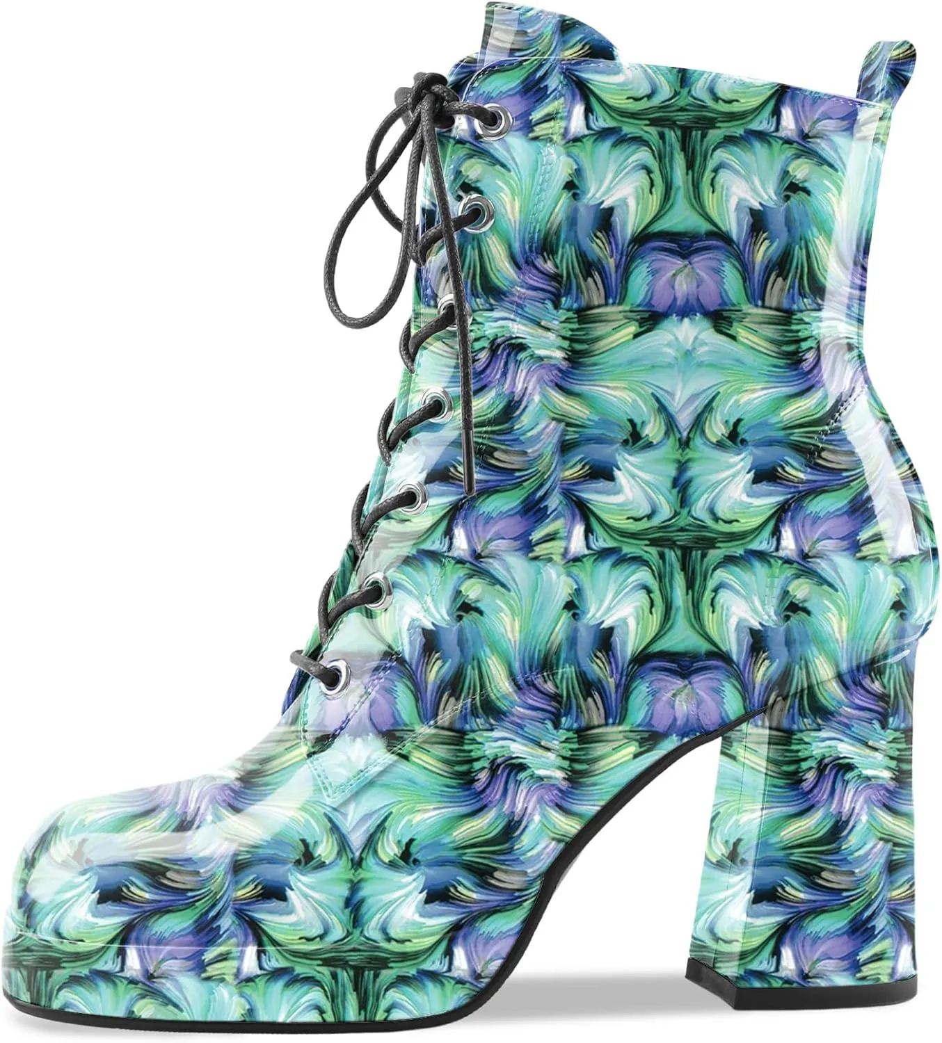 Oh Mispares Women's Platform Ankle Boots with High Chunky Heel Fashion Lace-up Square toe Patent Leather Booties