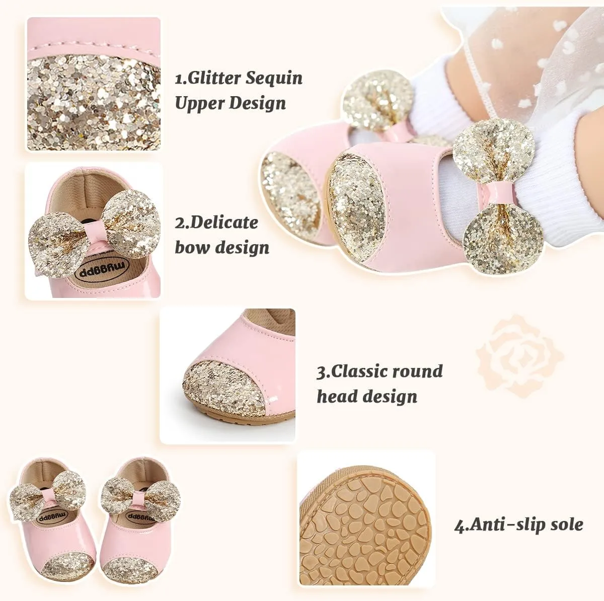 ohsofy Infant Baby Girls Mary Jane Flats Non-Slip Bowknot Princess Wedding Dress Shoes Toddler Crib Shoes
