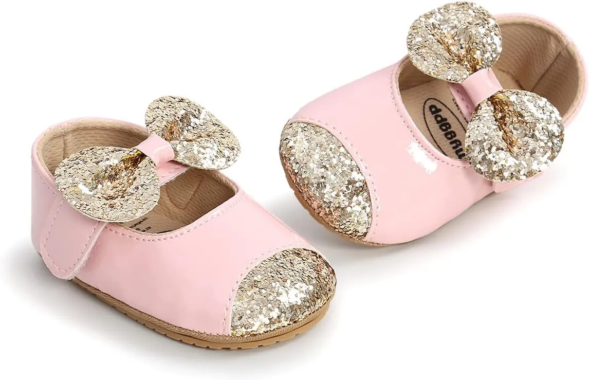 ohsofy Infant Baby Girls Mary Jane Flats Non-Slip Bowknot Princess Wedding Dress Shoes Toddler Crib Shoes