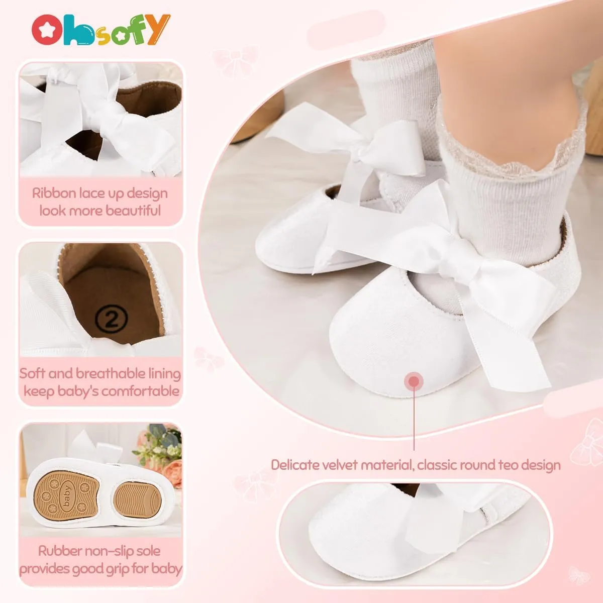 ohsofy Infant Baby Girls Mary Jane Flats Non-Slip Bowknot Princess Wedding Dress Shoes Toddler Crib Shoes