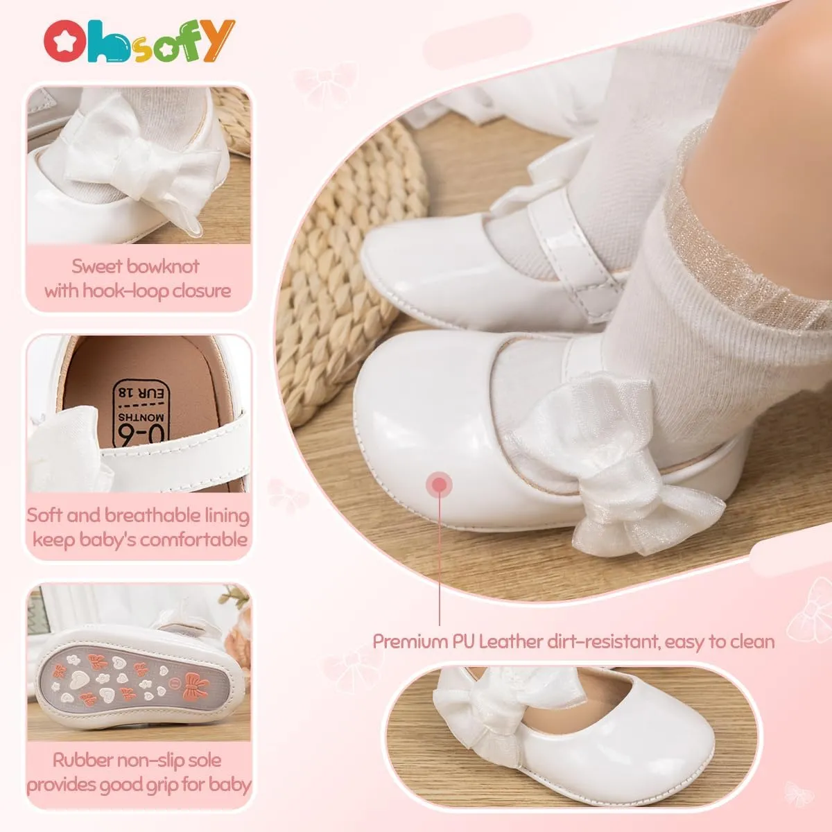 ohsofy Infant Baby Girls Mary Jane Flats Non-Slip Bowknot Princess Wedding Dress Shoes Toddler Crib Shoes