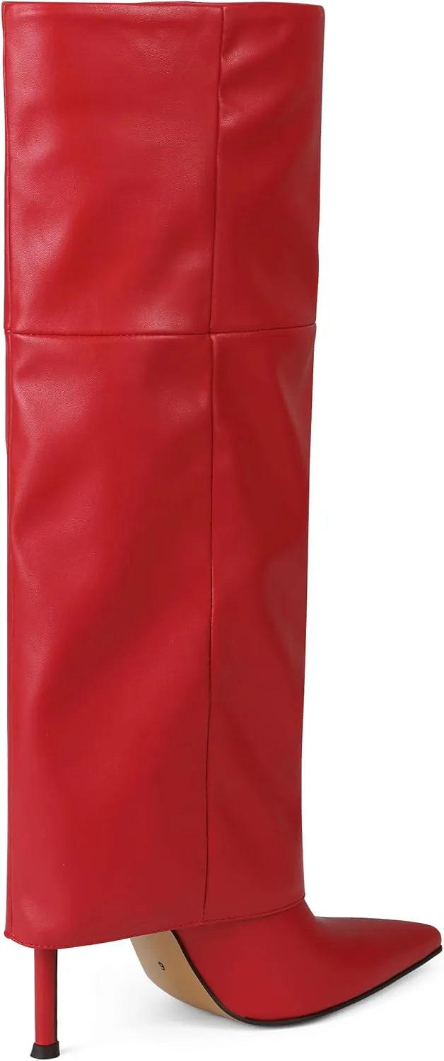Oiamenne Women's Fold Over Boots Knee High Boots for Women Pointed Toe Stiletto Heel Long Boots Sexy Tall Boots Slip On Fall Winter boots